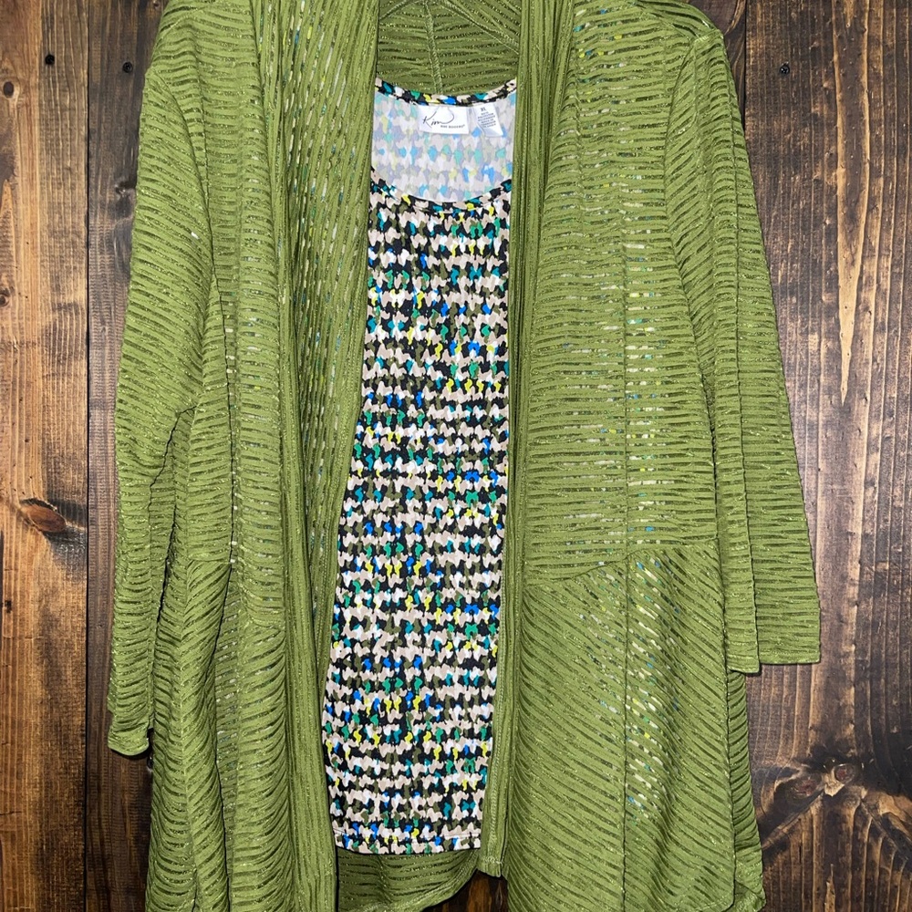 Kim Rogers Olive Cardigan with Multicolor Top- 2 pc Set